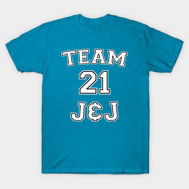 Vaccine pride: Team J&J (white college jersey typeface with black outline) T-Shirt by Ofeefee